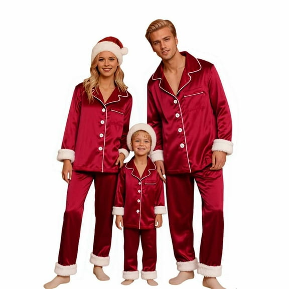 HNMKIU Matching Family Pajamas Two Piece Long Sleeve Lapel Top and High Waist Pants for Kid Red，Kid_7-8 Years