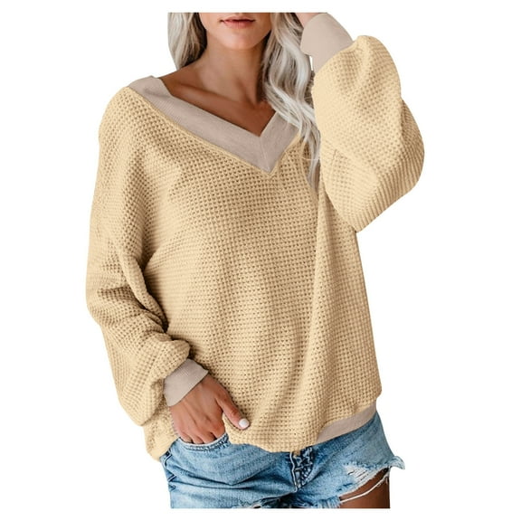 HNMKIU Fashion Casual V Neck T Shirts for Women Solid Long Sleeve Pullover Blouse Knit Off Shoulder Top for Women Beige,S
