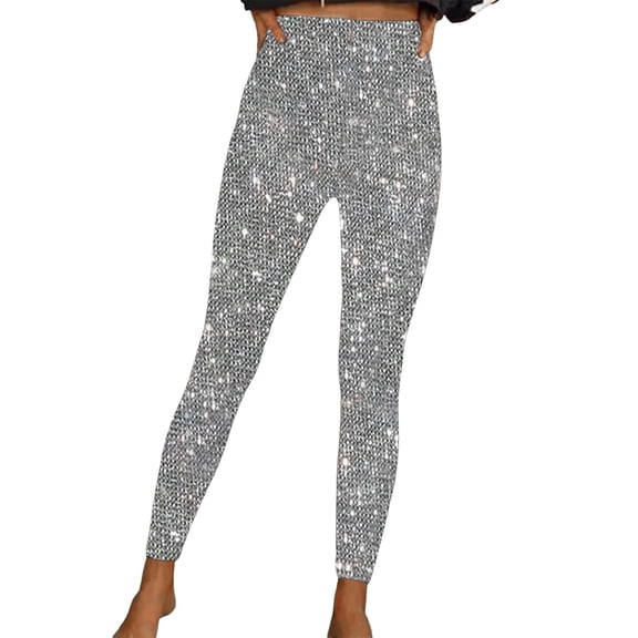 HNMKIU Fashion Elegant Heavy Sequins Elastic Sequin Pants Stretchy Casual Wear Leggings for Outdoor and Party Silver,XL