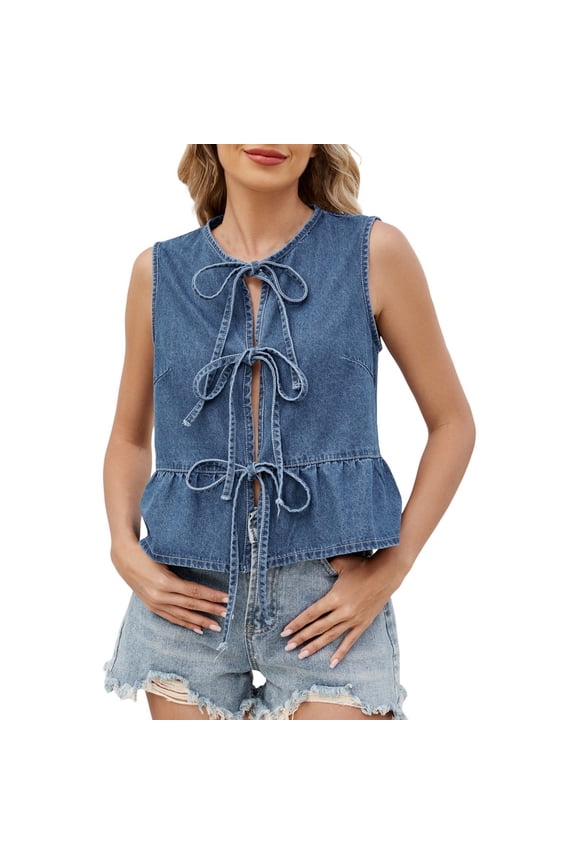 Fashion Summer Denim Vest Top with Lace Up Detail and Ruffled Hemline for Casual Wear and Layering Womens Tank Tops 03_Light Blue,L