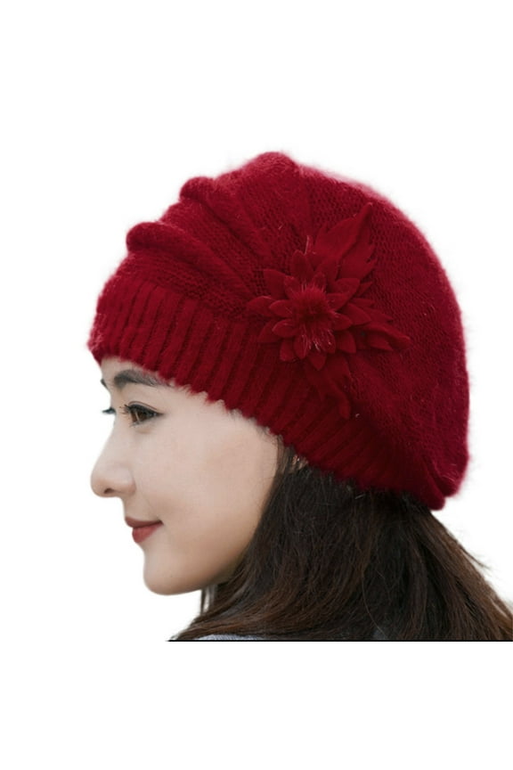 Fashion Winter Beret for Women Elegant Knit Crochet Floral Design Warm Soft Hat Red,One Size
