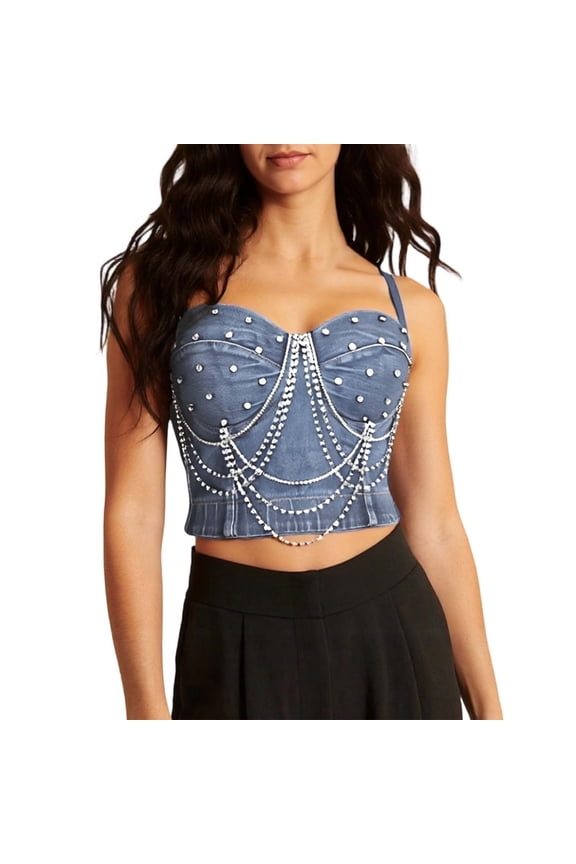 Fashion Women's Boned Corset Rhinestone Chain Beaded Bustier Vest for Rock Denim Outerwear Womens Tank Tops 01_Blue,S