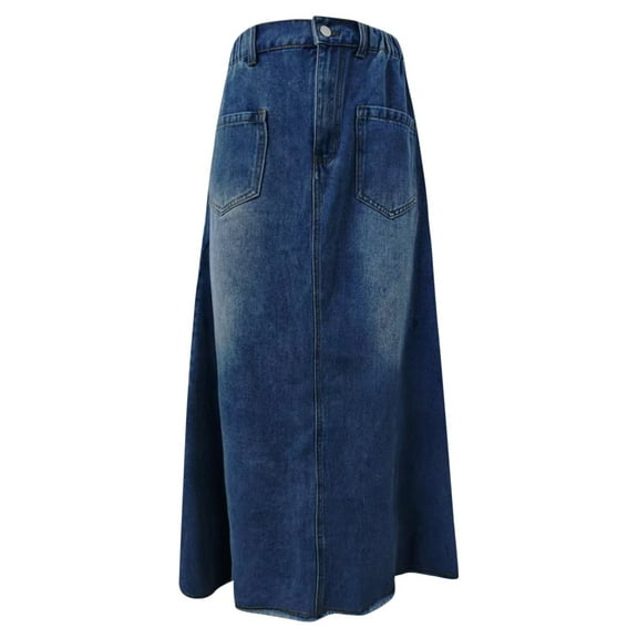 HNMKIU Fashionable Casual Maxi Skirts for Women Loose Fit Denim Skirt with Pockets and Frayed Hem for Work and Leisure Z10259-Blue,S