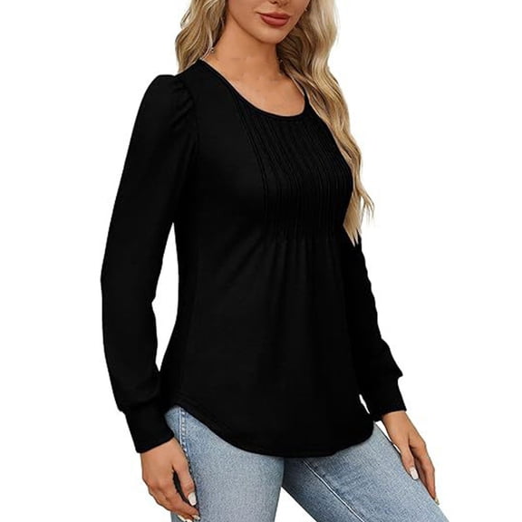 HNMKIU Fashionable Casual Womens T Shirts Loose Fit Low Round Neck Long Sleeved Blouse with Fold Design for Women Black,XXL