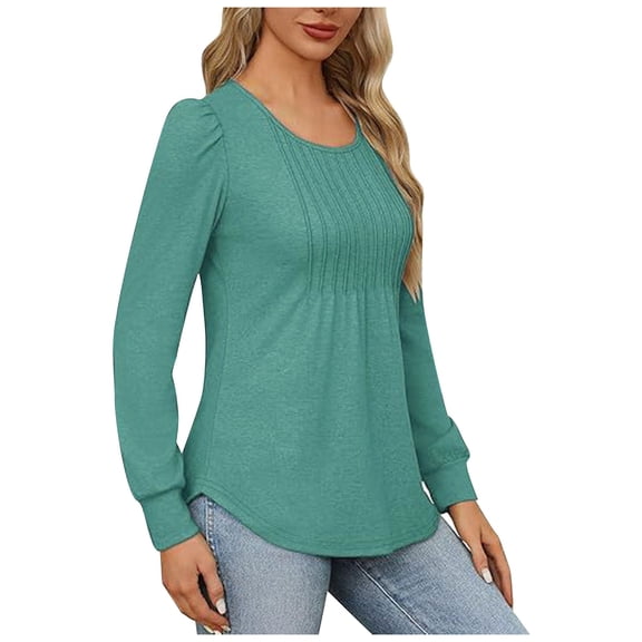 HNMKIU Fashionable Casual Womens T Shirts Loose Fit Low Round Neck Long Sleeved Blouse with Fold Design for Women Green,L