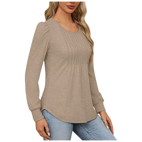 HNMKIU Fashionable Casual Womens T Shirts Loose Fit Low Round Neck Long Sleeved Blouse with Fold Design for Women Khaki,L
