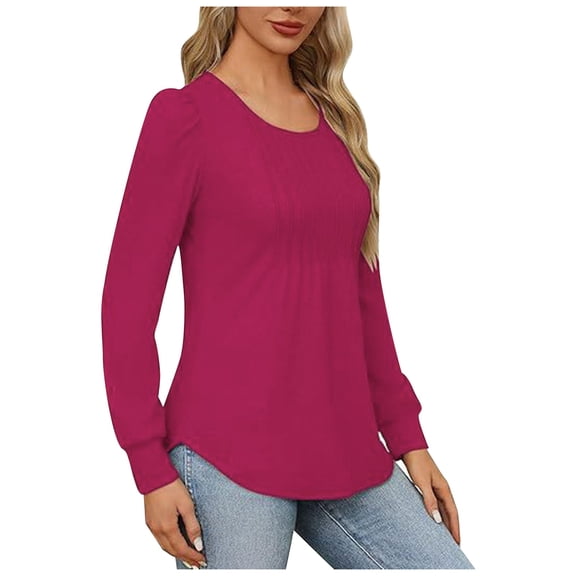 HNMKIU Fashionable Casual Womens T Shirts Loose Fit Low Round Neck Long Sleeved Blouse with Fold Design for Women Red,L