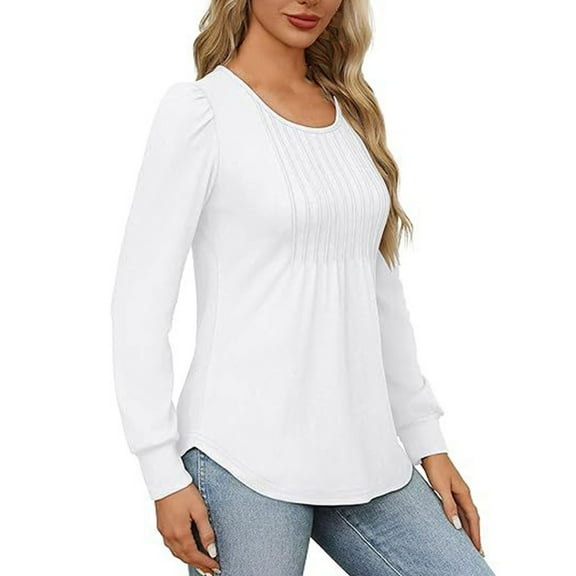 HNMKIU Fashionable Casual Womens T Shirts Loose Fit Low Round Neck Long Sleeved Blouse with Fold Design for Women White,S