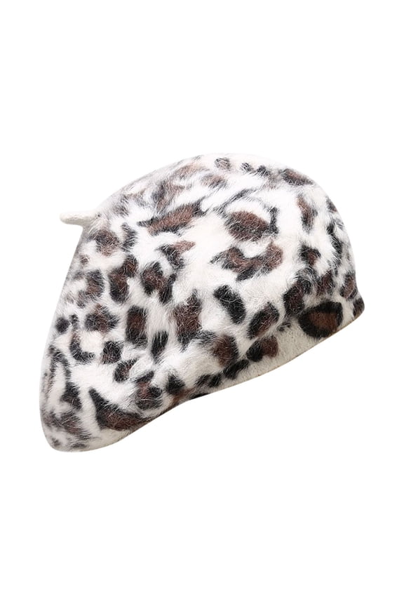 Fashionable Ladies Beret Hat with Elegant Leopard Print Design for Warm Winter Style White,One Size