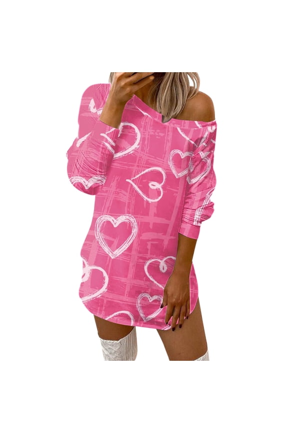 Fashionable Ladies Casual Valentine's Day Off-the-Shoulder Printed T-Shirt Dress Comfortable and Design Watermelon Red,L