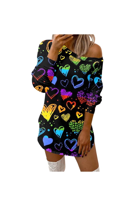 Fashionable Ladies Casual Valentine's Day Off-the-Shoulder Printed T-Shirt Dress for a Comfortable and Stylish Green,L