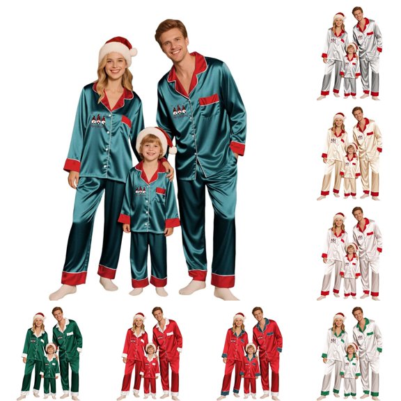 HNMKIU Father Son Matching Christmas Pajamas Family Sleepwear Sets Long Sleeve Silk Like Loungewear Outfit for Parents Kids Holiday Cozy Nightwear