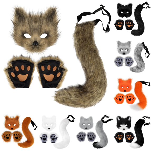 HNMKIU Festive Halloween Set With Realistic Furry Gloves And Tail For Cosplay Celebrations Accessories For Adults Party Themed Events Khaki - One Size