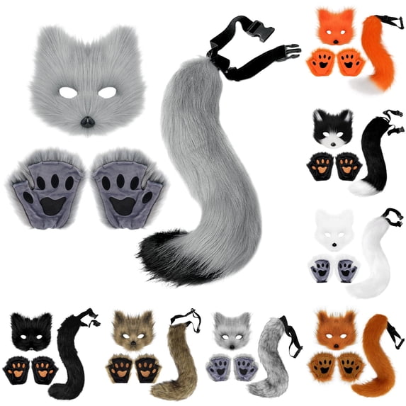 HNMKIU Festive Halloween Set With Realistic Furry Gloves And Tail For Cosplay Celebrations Accessories For Adults Party Themed Events Grey - One Size
