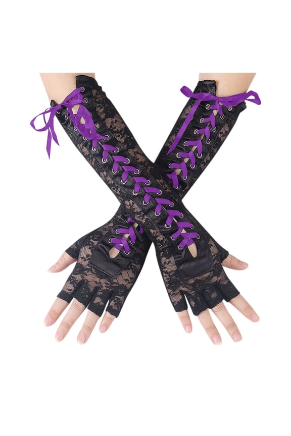 Fingerless Gloves Elbow Length Arm Warmers Lace Gothic Style Accessory for Witch Party Purple,One Size