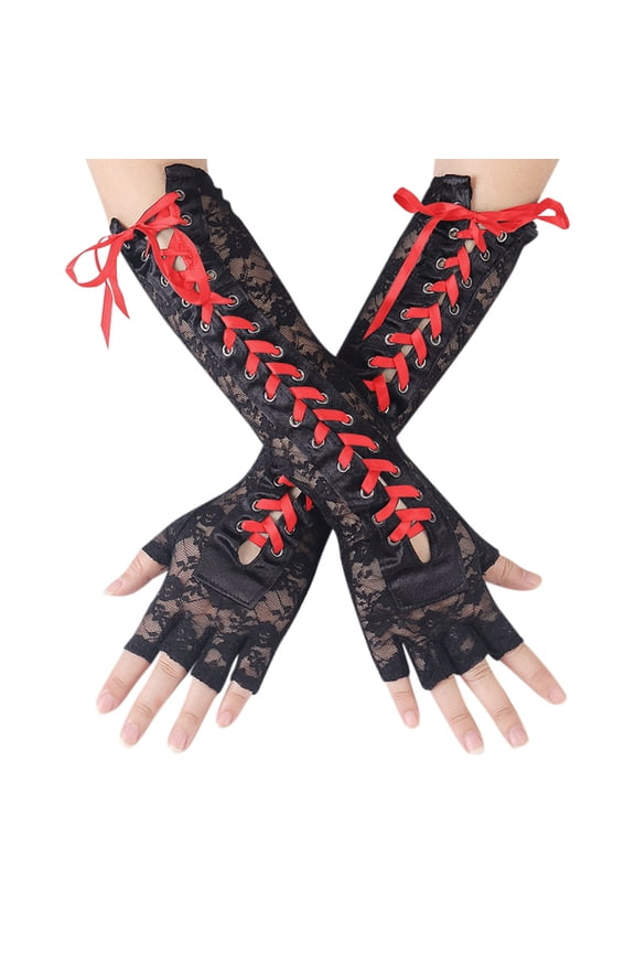 Fingerless Gloves Elbow Length Arm Warmers Lace Gothic Style Accessory for Witch Party Red,One Size