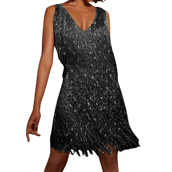 HNMKIU Fringe Disco 70s Style 1920s Flapper Mini Dress for Themed Party Dresses for Women Black,M