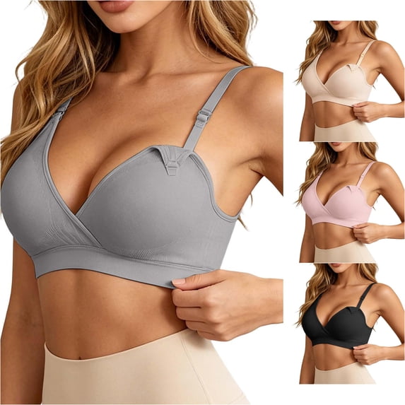 HNMKIU Front Closure Nursing Bra Wireless Maternity Plus Size Breastfeeding Underwear Comfort Daily Wear Grey - M