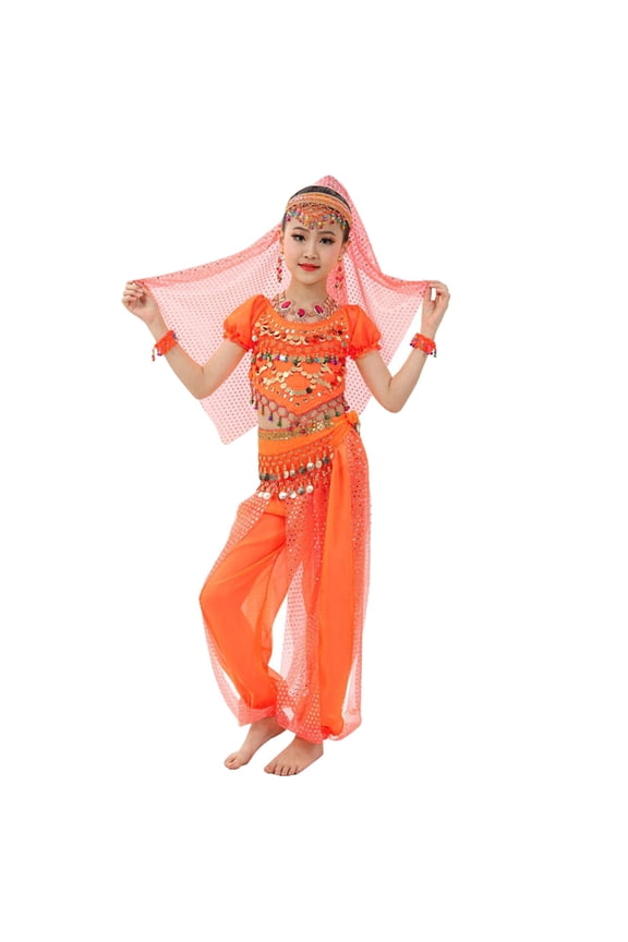 Girl's Cute Personality Dance Children's Belly Dance Show Sequin Mesh 2-Piece Set Unique Sparkly Performance Outfit Orange,3-4 Years