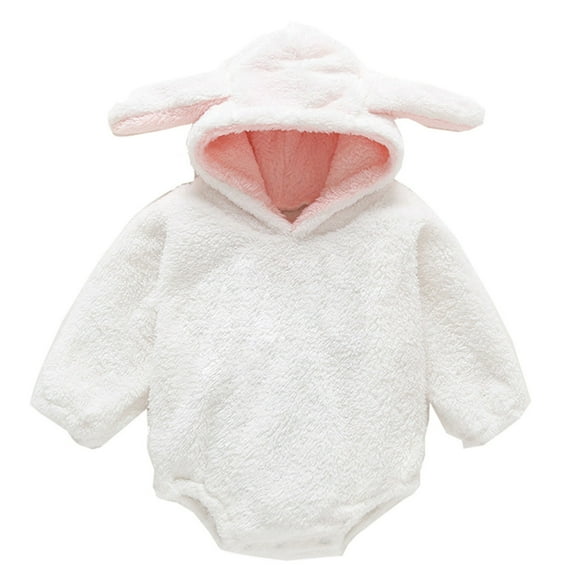 HNMKIU Girls Autumn Winter Long Sleeve Rompers Rabbit Ears Hooded Bodysuits for Babies White,3-6 Months