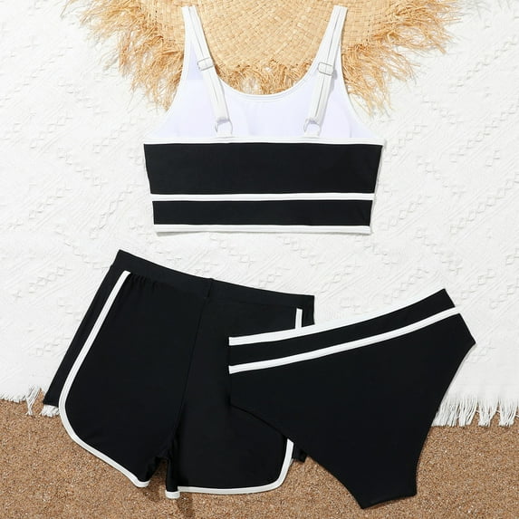 HNMKIU Girls Bikini Swimsuits With Shorts 3 Piece Bikini Sets Sport Bathing Suits Adjustable Comfortable For Kids Beach Black,8-9 Years