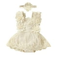 thumbnail image 1 of HNMKIU Girls Bodysuits Floral Lace Mesh Romper for Baby Girls with Tutu Design and Headband Accessory – Summer Crawlers Apparel Beige,6-9 Months, 1 of 3