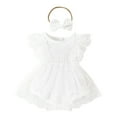 thumbnail image 1 of HNMKIU Girls Bodysuits for Girls - Lace Mesh Romper Dress with Floral Bow Trim Sleeveless to 18 Months Functional Bodysuit White,12-18 Months, 1 of 9