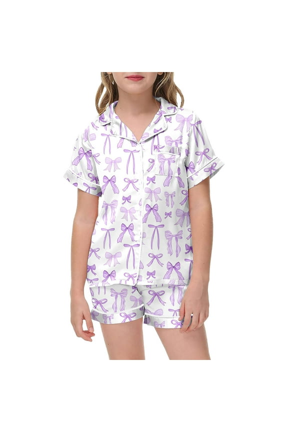 Girls Bow Print Pajama Set Comfortable Short Sleeve Button Down Top and Bottoms Preppy Two Piece Sleepwear Outfit Purple,6-7 Years