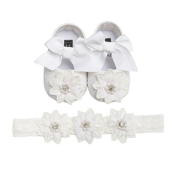 HNMKIU Girls Bowknot Flower Prewalker Shoes Set Soft-Soled Toddler Slippers and Cute Headband for Baby Z02_White,11