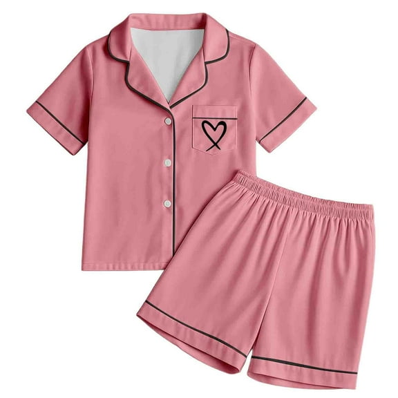 HNMKIU Girls Button-Down Pajama Set Two-Piece Soft Sleepwear Nightwear Loungewear Comfortable Heart Print Short Sleeve Top and Shorts for Tweens Pink1,2-3 Years