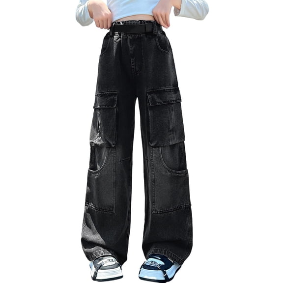 HNMKIU Girls Cargo Pants Winter Lined Jeans Warm Thickened Straight Leg Loose Fit Casual Trousers for Big Kids and Tweens 02_Black,4-5 Years