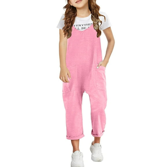 HNMKIU Girls Casual Sleeveless Rompers Spaghetti Strap Loose Overalls Long Pants with Pocket 1 Piece Overalls for Girls Pink,12-13 Years