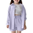 thumbnail image 1 of HNMKIU Girls Casual Summer Fall Outfit Shirt and Shorts Set Comfortable Pure Color Loose Fit Girls Outfit Sets for School Light Purple,5-6 Years, 1 of 9