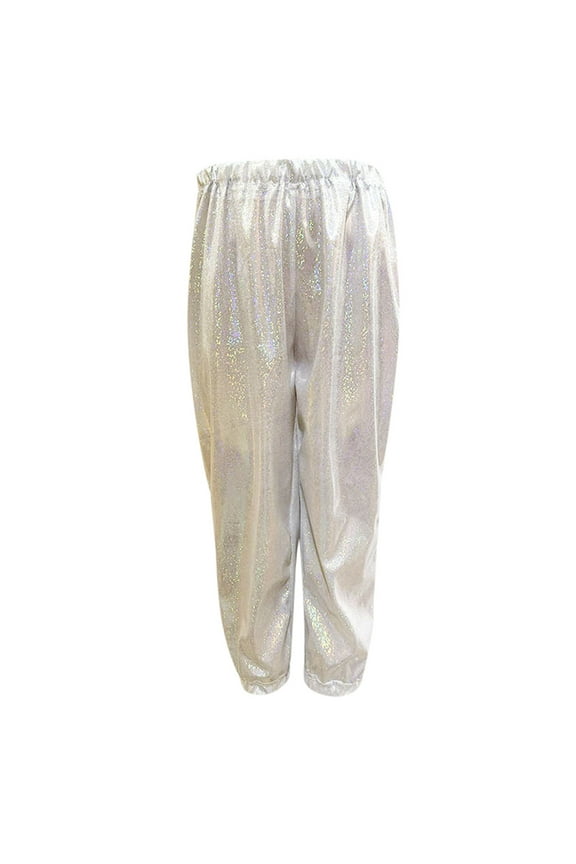 Girls Dance Pants Sparkly Metallic Harem Style Loose Fit Modern Hop Street Dance Wear For Kids Silver,11-12 Years