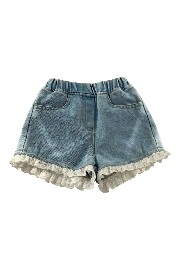 Girls Denim Shorts Casual Summer Daily Wear Toddler Baby Solid Lace Jeans Shorts for Spring Season Blue,4-5 Years