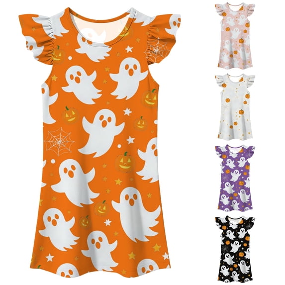 HNMKIU Girls Flutter Sleeve Nightgown Summer Casual Halloween Print Dress Cute Toddler Party