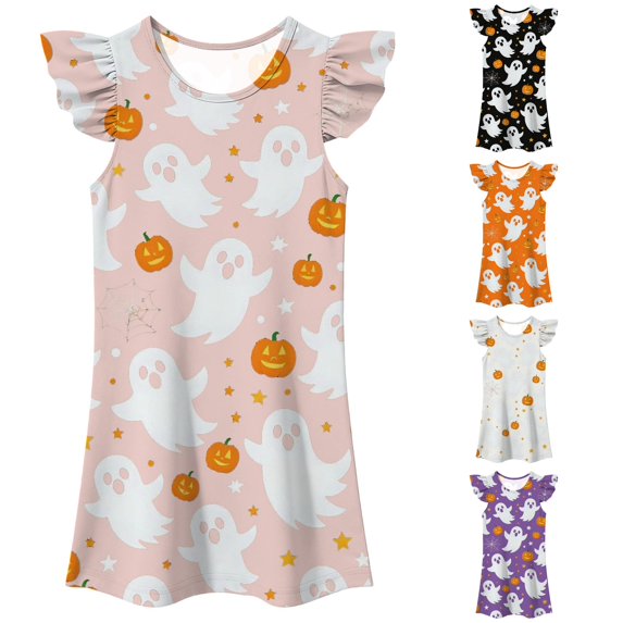HNMKIU Girls Flutter Sleeve Nightgown Summer Casual Halloween Print Dress Cute Toddler Party