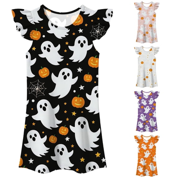 HNMKIU Girls Flutter Sleeve Nightgown Summer Casual Halloween Print Dress Cute Toddler Party