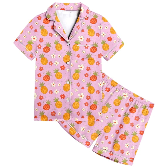 HNMKIU Girls Fruit Print Pajama Set Short Sleeve Loose Fit Homewear Nightwear For Toddler Kids Comfortable Machine Washable Casual Outfits Pink,12-13 Years