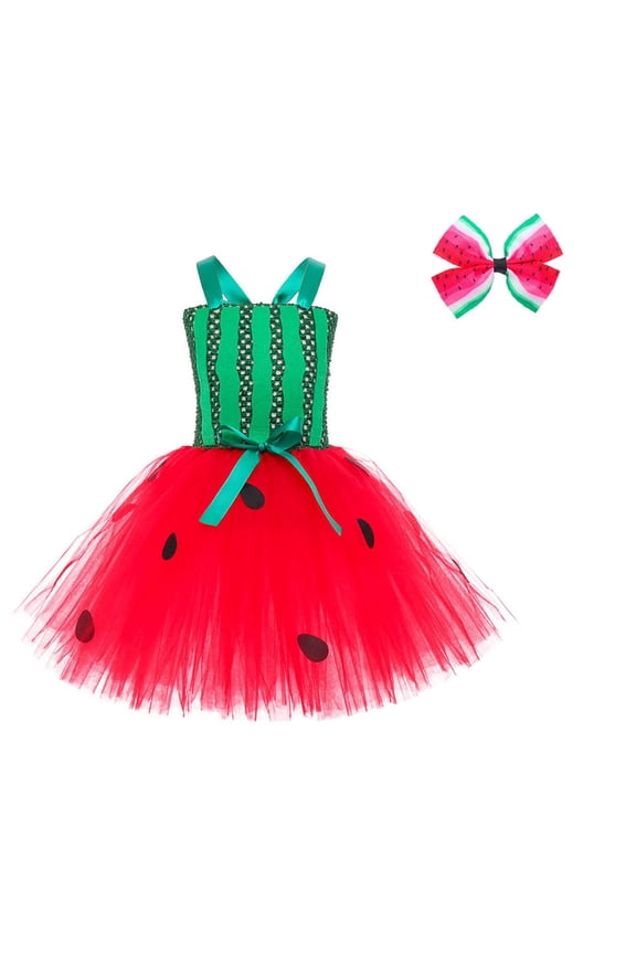 Girls Fruit Watermelon Tutu Dress For Dance Performance Party Play Skirt With Ruffle Hem And Elastic Waistband 2-12Y Red,2-3 Years