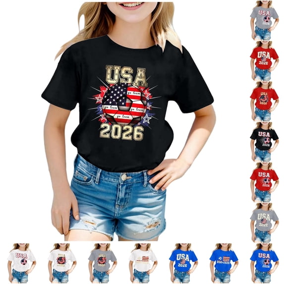 HNMKIU 250 Years of Freedom T Shirt Girls Graphic T-Shirt Short Sleeve Letter Print Soccer Ball Crew Neck Tee for Toddler Kids Black-a,3-4 Years