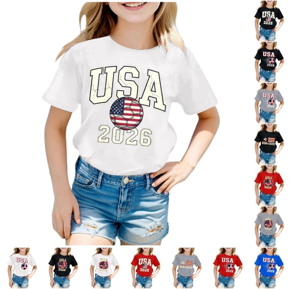 HNMKIU 250th Anniversary USA T Shirt Girls Graphic T-Shirt Short Sleeve Letter Print Soccer Ball Crew Neck Tee for Toddler Kids White-d,4-5 Years