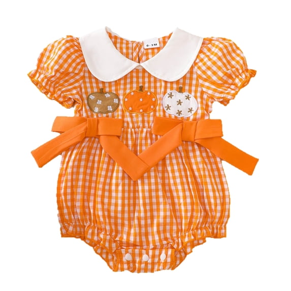HNMKIU Girls Halloween Romper Short Sleeve Bowknot Plaid Bodysuit Pumpkin Embroidery Kids Girl Clothes 3-18M Orange - 6-12 Months
