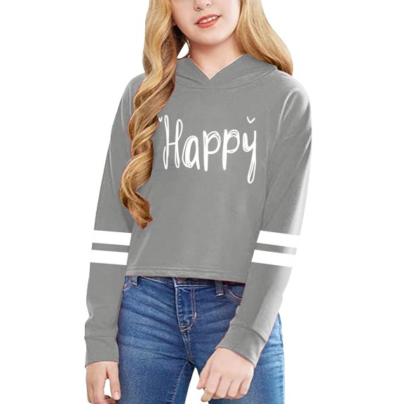 HNMKIU Girls Hoodies Cropped Graphic Letter Print Pullover Long Sleeve Tops Soft and Comfortable Casual Stylish Z01_Grey,100