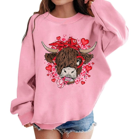 HNMKIU Girls Hoodies & Sweatshirts for Girls Fashion Casual Round Neck Hoodless Long Sleeve Valentine Sweater Top with Printed Design Pink,9-10 Years