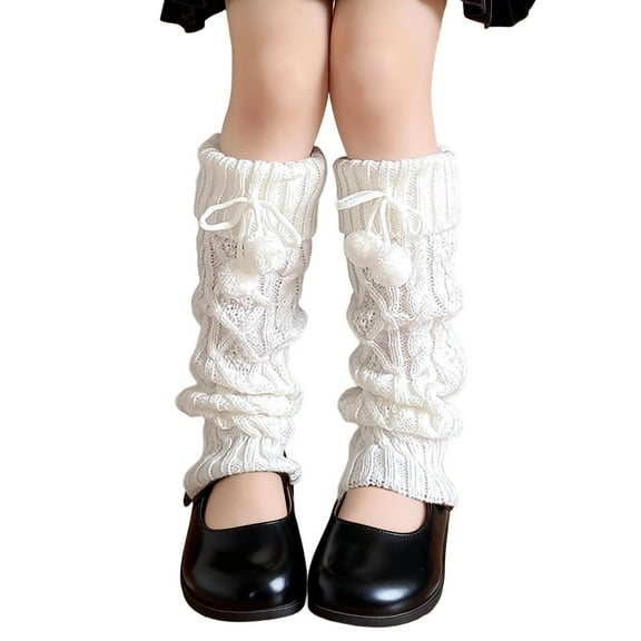 HNMKIU Girls Knitted Leg Warmers with Winter Pattern and Pompoms Thick Thermal Ankle Sleeves Toddler Socks Ideal for Cold Weather Outdoor Use Cozy Warm Boot for Kids and Youth 01_White,One Size