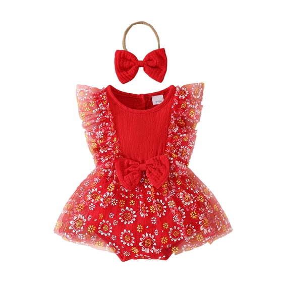 HNMKIU Girls Lace Sleeveless Rompers Floral Romper Bodysuits Dress Headbands Set for Girls k-Red,6-9 Months