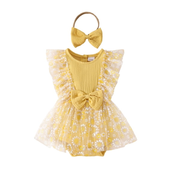 HNMKIU Girls Lace Sleeveless Rompers Floral Romper Bodysuits Dress Headbands Set for Girls k-Yellow,3-6 Months