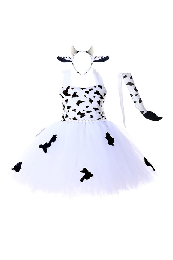 Girls Leopard Cow Animal Performance Tutu Dress for Party Play White,3-4 Years
