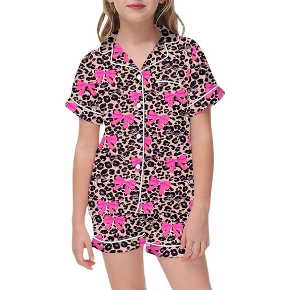 HNMKIU Girls Leopard Print Flannel Pajama Set Cozy Two Piece Loungewear Soft V-Neck Sleepwear Outfit With Bow Detail For Toddlers And Kids Hot Pink,12-13 Years
